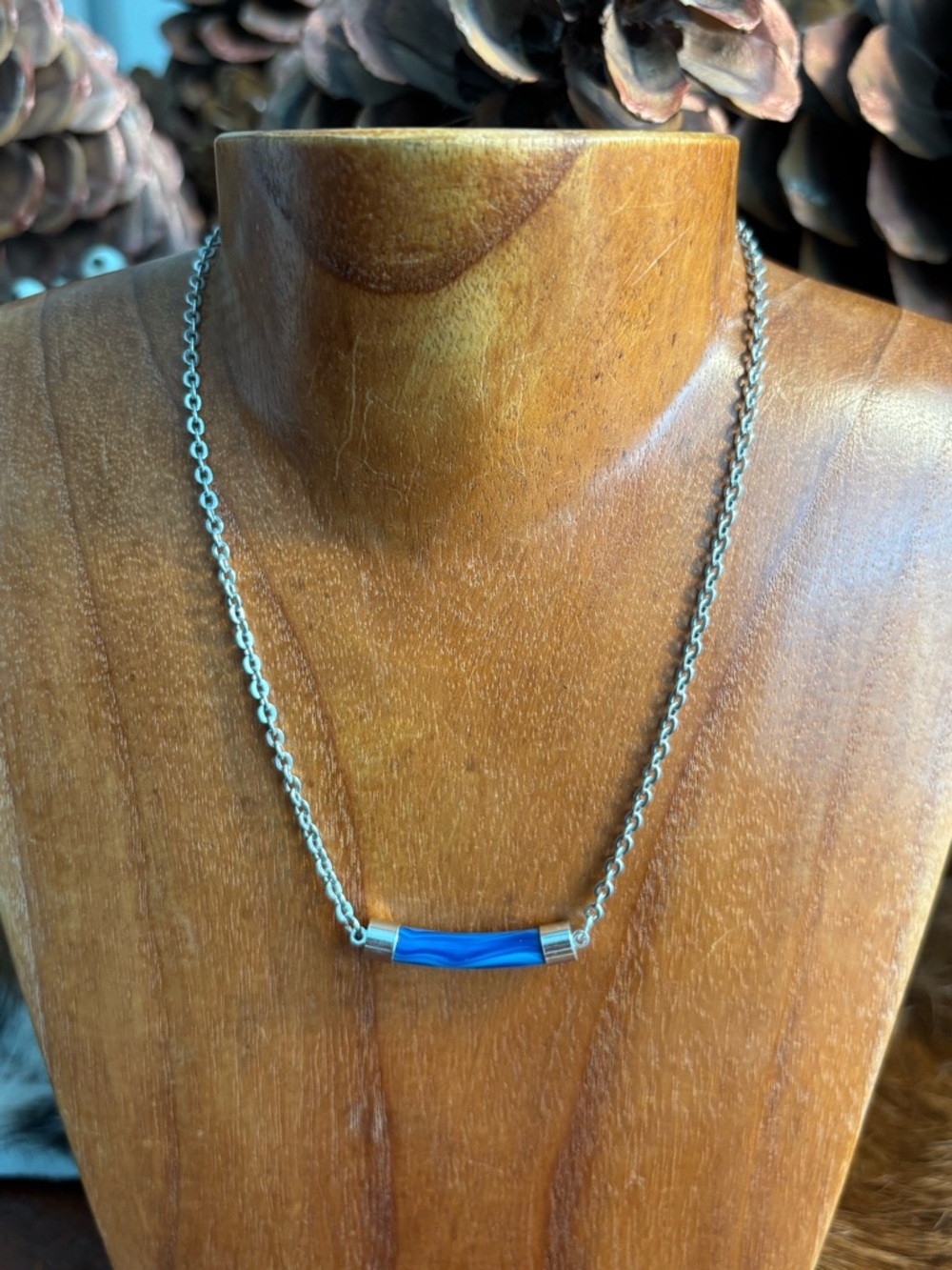 Boys Sarah Coventry Necklace Lapis Blue Bar Pendant Chain 14" Vintage